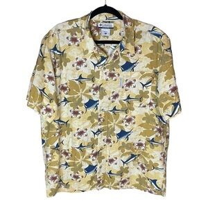 Columbia Hawaiian Floral‎ Short Sleeve Button Up with Blue Swordfish Size Large